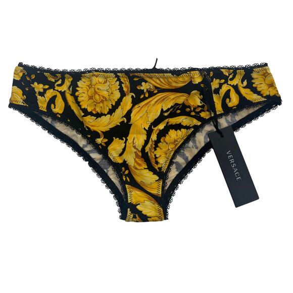 M2-38 VERSACE Women's Barocco Cotton Panties Lace Trim Gold/Black Size 2/Small